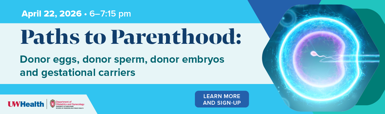 Banner advertising the April 22, 2026 Healthy Women Community Talk "Paths to Parenthood"